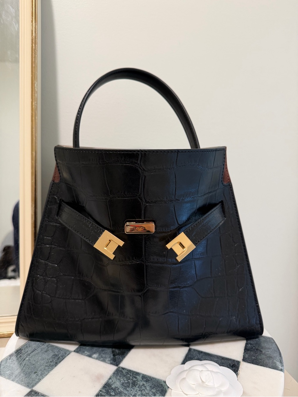 Tory Burch Black Croc-Embossed Top-Handle Bag with Gold Hardware - Picture 4 of 8
